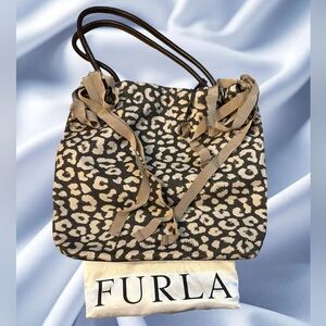 Furla Animal Print Canvas Bag with Beige Trim